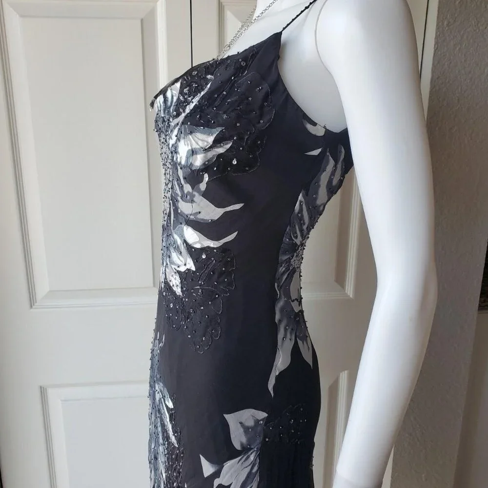 Cache Silk Blend Sleeveless Midi Beaded Dress Asymmetrical Hem - Picture 4 of 10